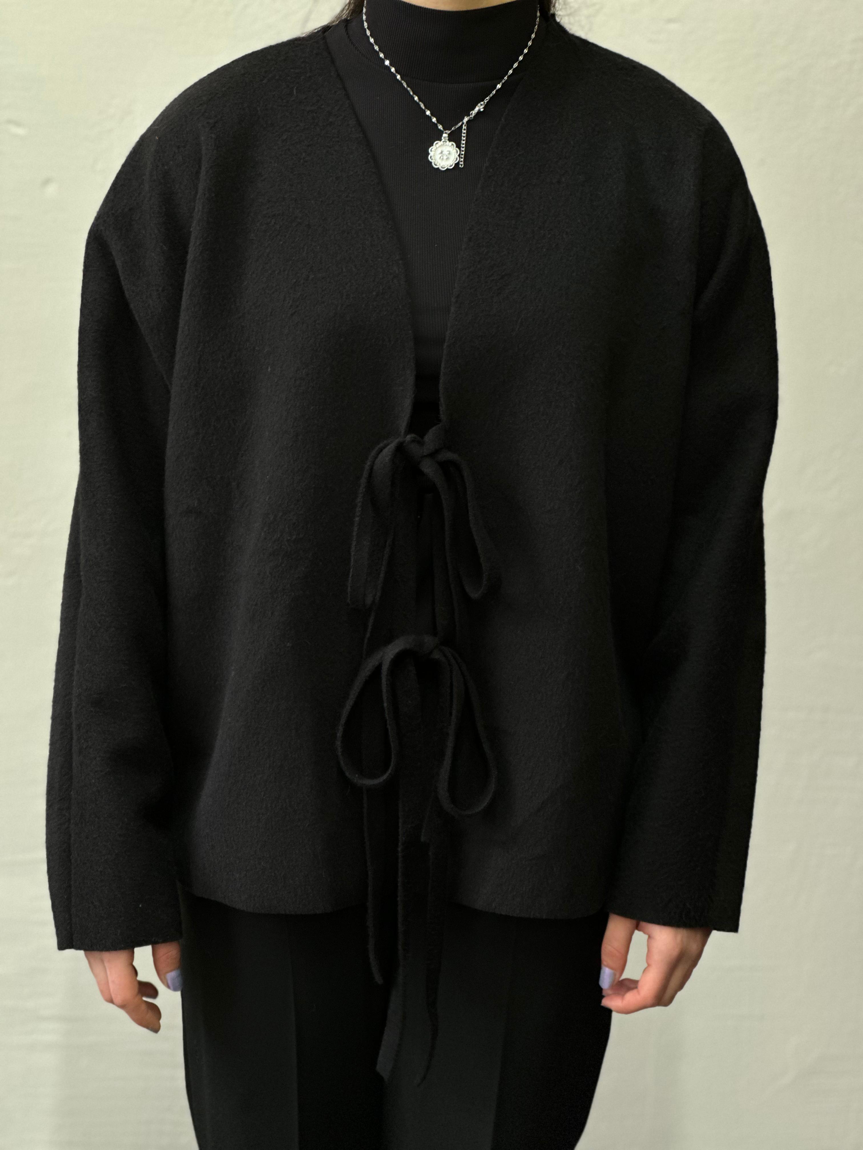 Bağcıklı kaşe kimono siyah